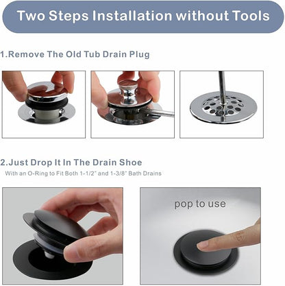 Matte Black Tub Drain Stopper, Hidrop Pop Up Universal Tub Dain Tip Toe Bathtub Drain Stopper, Fit 1.375 to 1.5 Inches, Replaces Lift and Turn, Tip-Toe and Trip Lever Drains for Tub, EZ Installation
