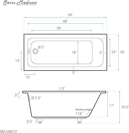 Swiss Madison Voltaire 54" x 30" Reversible Drain Drop-In Bathtub