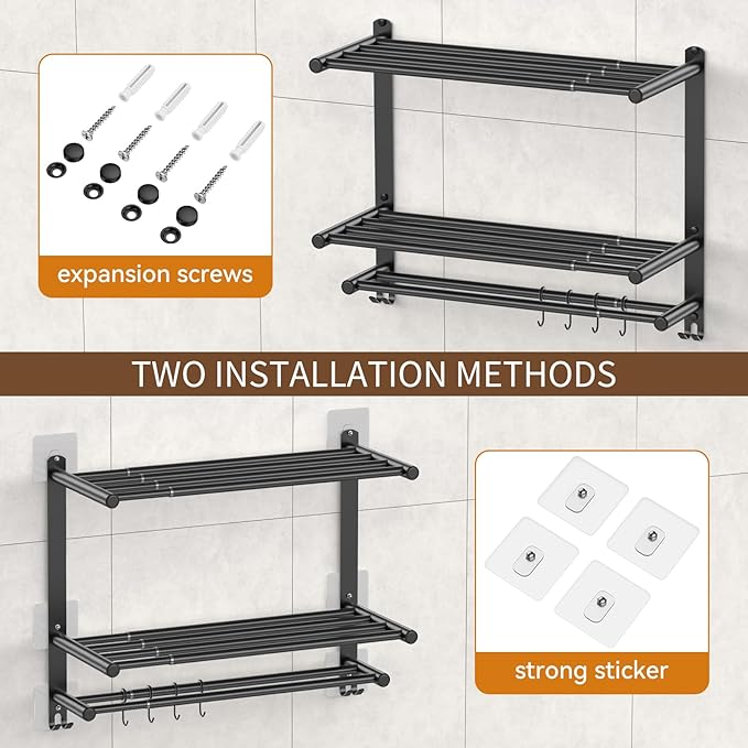 Adjustable 16.9–28" Matte Black Towel Rack for Bathroom SUS304 Stainless Steel 2-Tier Shelf with Extended Bar & 4 Sliding Hooks, Adhesive or Screw Mount, Bathroom/Over-Toilet Organizer
