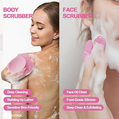 Soft Silicone Body Scrubber, Gentle Like a Hand Exfoliating Your Skin and Build Up Lather, Back Large Suction Cup Easy to Store, & Deep Clean (Body Scrubber + Face Scrubber Pink)
