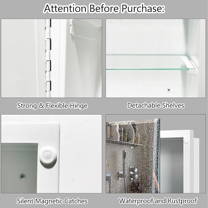Bathroom Medicine Cabinet with 24x36 in Rectangular Beveled Frameless Mirror,Wall Mounted Mirror Cabinet for Bathroom Toilet Kitchen,Recess or Surface Mount