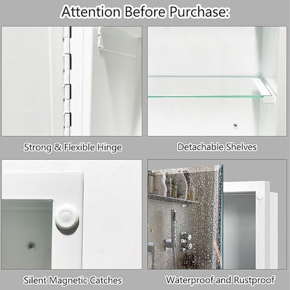 Bathroom Medicine Cabinet with 20"x26" Frameless Beveled Mirror,Recessed or Surface Mount, Space-Saving Storage for Toiletries,White Finish,Easy Installation