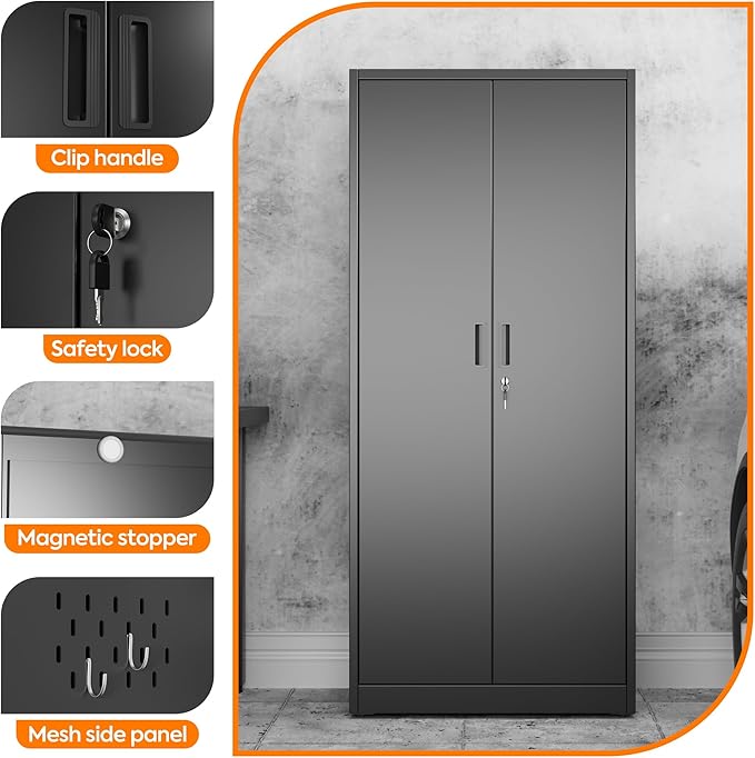 Aobabo Broom Closet Storage Cabinet, Lockable Garage Storage Cabinet for Home Garage, 61.61" H×27.55" W×13.77" D, Assembly Required, Black