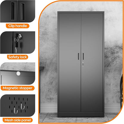 Aobabo Broom Closet Storage Cabinet, Lockable Garage Storage Cabinet for Home Garage, 61.61" H×27.55" W×13.77" D, Assembly Required, Black