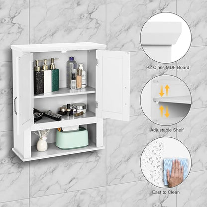 VINGLI Bathroom Wall Cabinet 21"x8.5"x25" Modern White Medicine Wall Mount Bathroom Cabinet Organizer Over The Toilet Storage with 2 Doors 1 Adjustable Shelf for Restroom Laundry Room Home Furniture