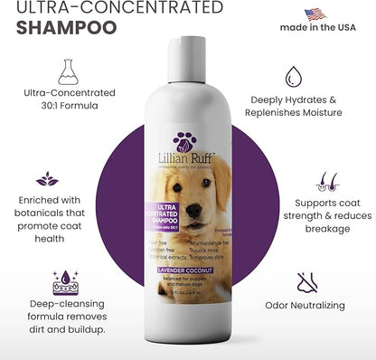 Lillian Ruff PRO Formula Ultra Concentrated Dog Shampoo – Makes 4 Gallons/30 Bottles, 30:1 Dilution, Professional Pet Shampoo for Sensitive Skin | Deodorizing & pH-Balanced Made in USA 16.9oz + Brush
