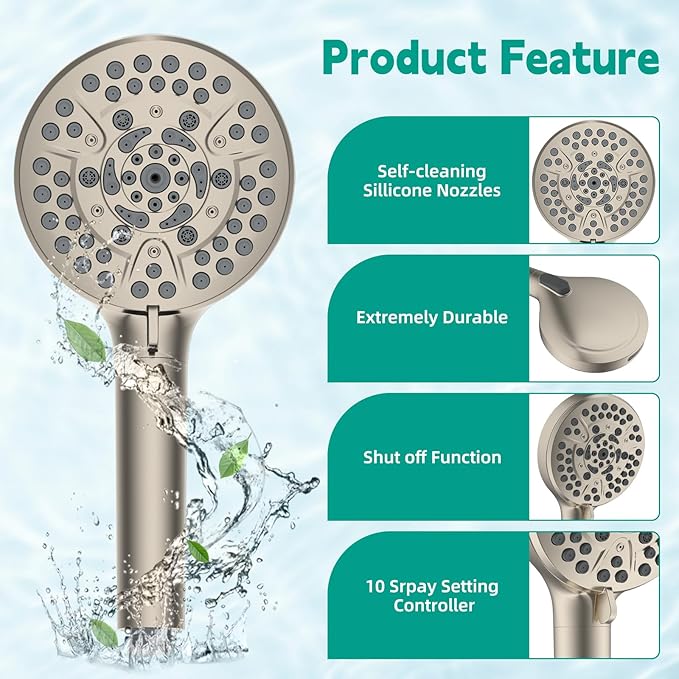 Hibbent Filtered Shower Head with Handheld, High Pressure 10 Spray Showerhead with Filters, Water Softener for Hard Water-Remove Chlorine, Reduces Dry Itchy Skin, Improve Skin& Hair, Brushed Nickel