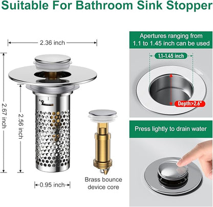 Bathroom Sink Drain Strainer,Pop-Up Sink Stopper Hair Catcher, Anti-Clog Stainless Steel Drain Filter Basket, Removable Sink Drain for Bathroom Sink Stopper Replacement (Silver-2)