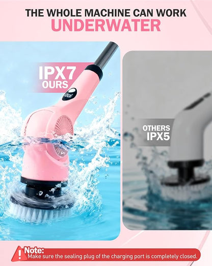 Electric Spin Scrubber, 3-Speed Cordless Shower Scrubber with 90° Adjustable & 10 Replaceable Brush Heads, 90 Mins Runtime & Full-Body IPX7 Waterproof Shower Cleaner Brush with Long Handle