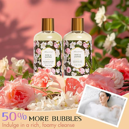 Gift Basket for Women - 8 Pc Rose & Jasmine Beauty & Personal Care Set - Home Bath Pampering Package for Relaxing - Spa Self Care Kit - Thank You, Birthday, Mom, Anniversary, Christmas Gift