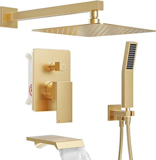 Shower System with Tub Spout, All Metal Tub Shower Faucet Set with 12-Inch Rain Shower Head and Handheld Spray combo, Wall Mounted Shower Combo Set with shower valve and Trim kit,Brushed Gold