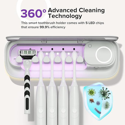 Toothbrush Sanitizer Holder for Bathrooms, 5 Slots Toothbrush Sanitizer and Holder, Rechargeable Cordless Wall Mounted Organizer, Toothbrush Cleaner with Drying Function, No-Drilling