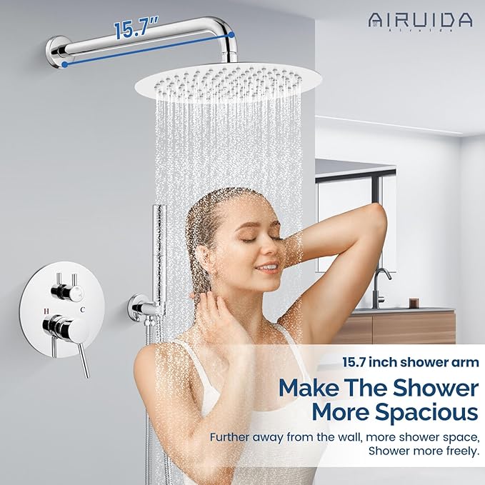 Airuida Shower Fixtures 2 Functions Shower Faucet Set Wall Mounted for Bathroom High Pressure Brass Handheld Shower with Rough-in Valve Round Rainfall 12 Inch Shower Head Chrome Polish