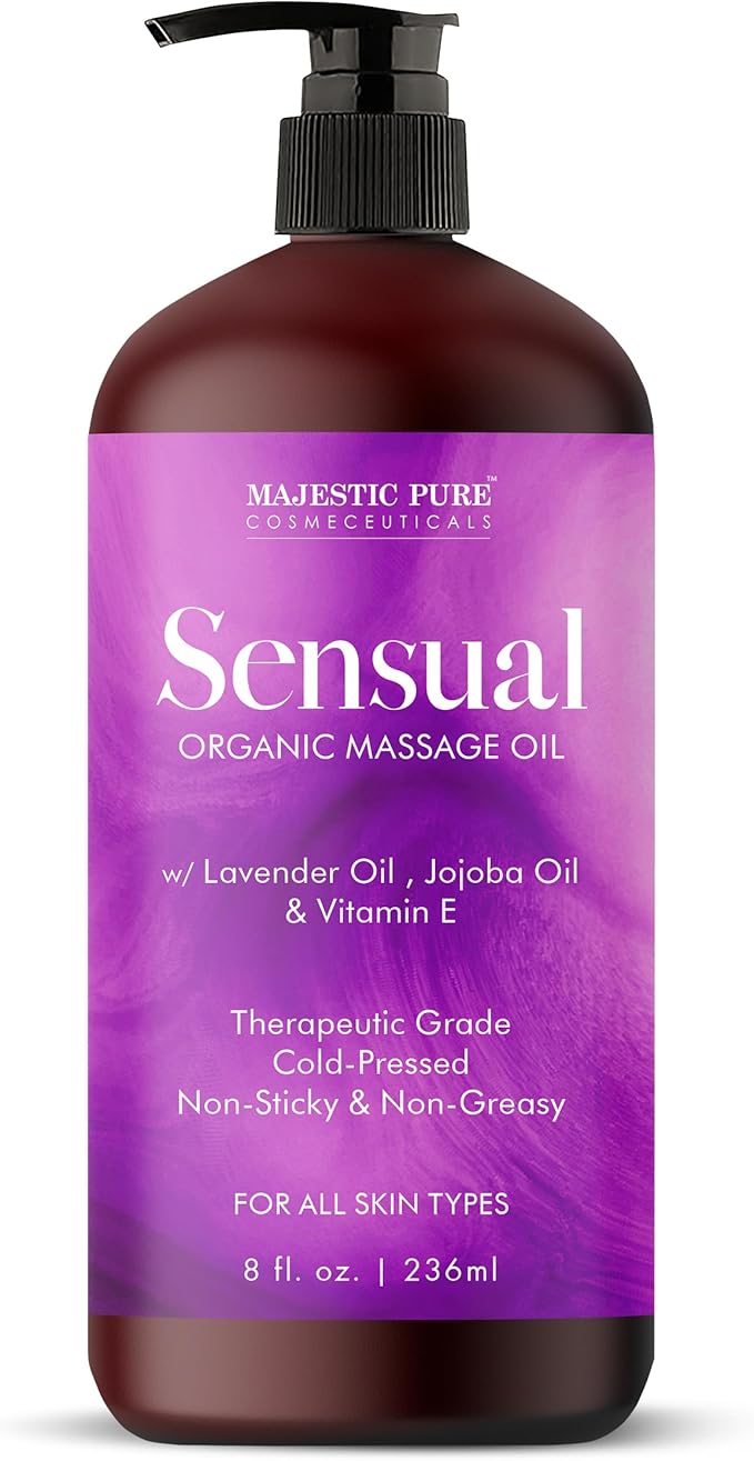 MAJESTIC PURE Organic Sensual Massage Oil for Massage Therapy - Refreshing, and Relaxing - Natural Oils for Date Night with Vitamin E - for All Skin Types - Men and Women - 8 fl oz