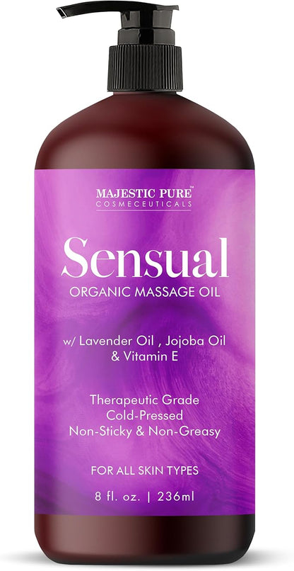 MAJESTIC PURE Organic Sensual Massage Oil for Massage Therapy - Refreshing, and Relaxing - Natural Oils for Date Night with Vitamin E - for All Skin Types - Men and Women - 8 fl oz
