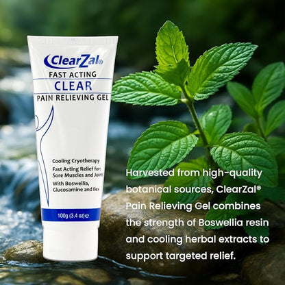 ClearZal Fast Acting Clear Pain Relieving Gel with Cooling Cryotherapy, Boswellia and Glucosamine for Sore Muscles and Joints, Soothing Cooling Gel 3.4 oz