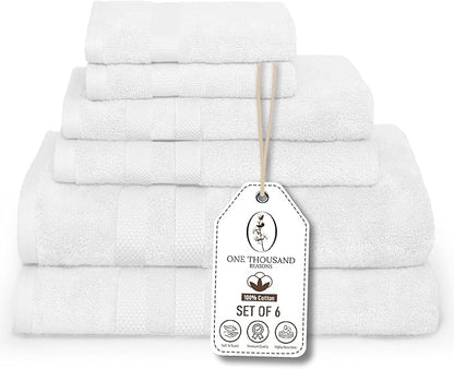 Premium Staple Cotton Bathroom Towel Set - White 600 GSM 6-Piece Luxury Bath Towel Set 3 Stripe - 2 Bath Towels, 2 Hand Towels & 2 Washclothes Set - High Absorbent & Quick Dry for Gym, Spa, Hotel