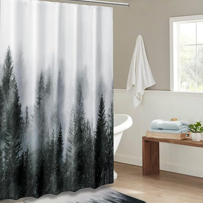 ORTIGIA 60x72 Misty Forest Stall Shower Curtain for Small Bathroom, Dark Green Narrow Nature Woodland Shower Curtain Set with Hooks, Waterproof Fabric Pine Tree Fog Magic Home Bath Curtain