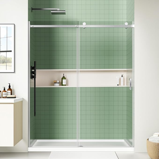 48" x 72" Frameless Sliding Shower Door, (1/4") Tempered Glass, Heavy-Duty 304 Stainless Steel Hardware, Adjustable 46-48" Width, Silent φ45 Rollers & 6" Handle, No-Leak F-Type/Bubble Seals