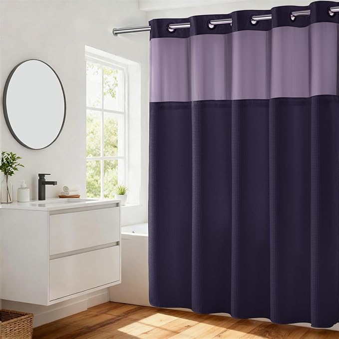 River Dream Heavyweight No Hooks Required Dotted Waffle Weave Shower Curtain with Snap in Liner - 71W x 74H,Hotel Grade,Spa Like Bath Curtain,Regal Purple