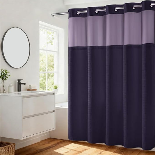 River Dream Heavyweight No Hooks Required Dotted Waffle Weave Shower Curtain with Snap in Liner - 71W x 74H,Hotel Grade,Spa Like Bath Curtain,Regal Purple