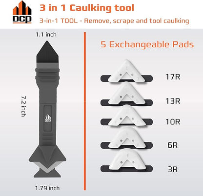 DCP Donseal 3 in 1 Caulking Tool Kit – Silicone Caulking Tool for Removal, Scraping & Finishing – Precise Caulk Remover & Applicator with 5 Tooling Pads – Stainless Steel Caulk Scraper for Smooth Seal