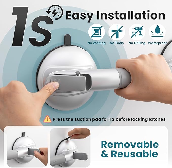 TAILI Grab Bars for Bathtubs and Showers, Shower Handles for Elderly Suction,Maximum 330lbs,Shower Grab Bar with Upgraded Rubber Suction Cups Safety Grip for Senior,No Drilling Removable,Silver
