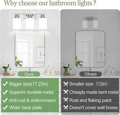 3-Light Bathroom Light Fixtures, Brushed Nickel Vanity Light with Milky White Shades, Bathroom Lighting Fixtures Over Mirror, Modern Bathroom Wall Lamp for Mirror Living Room Cabinet Bedroom