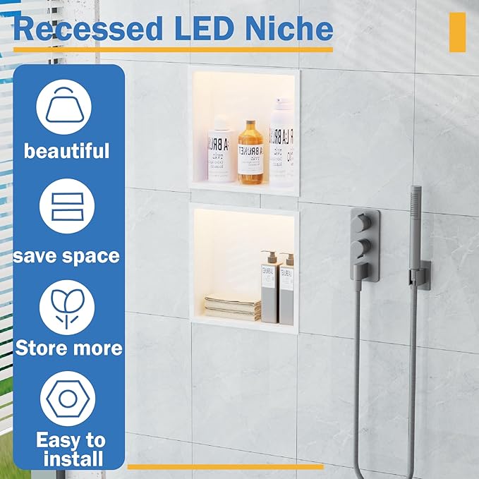 Shower Niche 12"x12" ，Lighted Niche for Shower Wall Stainless Steel Waterproof Shelf，Shower Lighting with Bathroom Storage ，Matte White （ 12"x 12"）