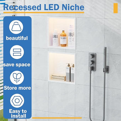 Shower Niche 12"x12" ，Lighted Niche for Shower Wall Stainless Steel Waterproof Shelf，Shower Lighting with Bathroom Storage ，Matte White （ 12"x 12"）