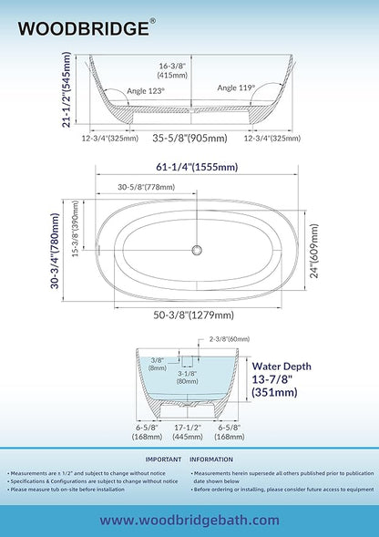 WOODBRIDGE 61-1/4" L x 30-3/4" W Stone Resin Luxury Contemporary Solid Surface Freestanding Soaking Bathtub in Cream with Two Drain Covers Included