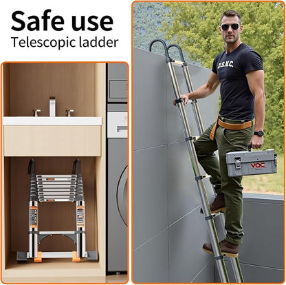 Telescoping Ladder,with Stable Hook and stabilizer barand,12.5 FT Extension Ladder, Heavy Duty 330lbs Max Capacity, Multi-Purpose Collapsible Ladder for RV or Outdoor Work (3.8M/12.5FT)