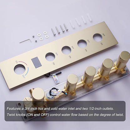 Brushed Gold Digital Display Shower System with 16X24 inch Ceiling Mounted Shower Head(Rain&Waterfall Modes), with Handheld Spray and 6 PCS Dual Modes Body Jet