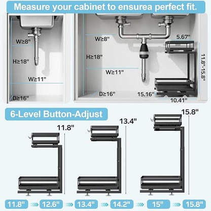 Under Sink Organizer, JCYLQ Dual-Rail Ball-Bearing, Under Kitchen Sink Organizer, 6-Level Adjustable, Under Cabinet Storage, No-Drill Adhesive/Suction, Under Sink Organizers and Storage (1-Pack)