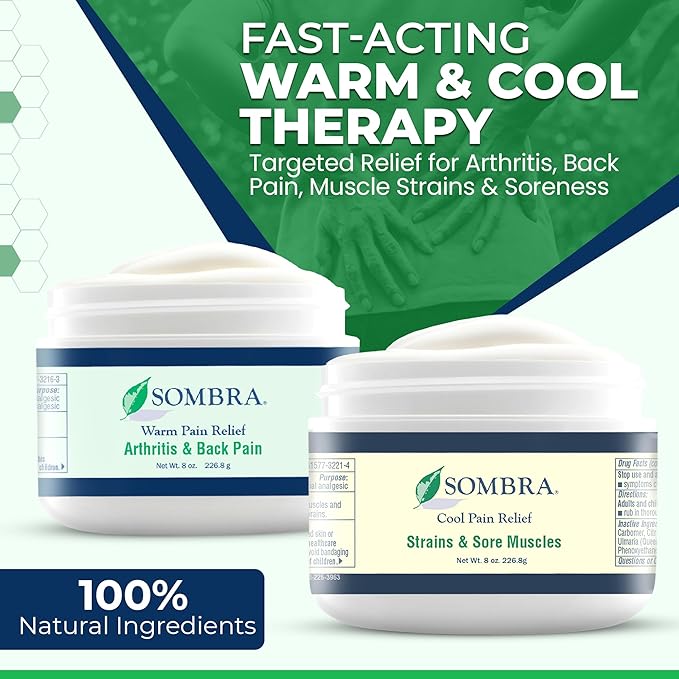 Sombra Warm & Cool Pain Relief Gel, Warm Relief for Arthritis and Chronic Pain Pre-Workout Muscle Rub, Cold for Swelling, Soreness, Post-Workout, Free of Artificial Fragrances, 8oz Per Jar