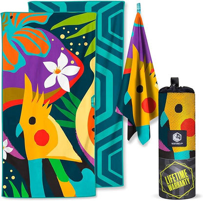VENTURE 4TH Microfiber Beach Towel: Quick-Dry, Compact, Sand-Free, Absorbent, Sandproof and Lightweight - Perfect for Camping, Beach, and Roadtrips (Rainforest Cockatoo Design | 35x78 inches)