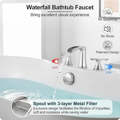 Widespread Waterfall Bathtub Faucet Set, Brass Chrome Roman Tub Faucet 3 Hole 8 Inch, 2 Handle Deck Mount with Supply Water Hoses for Garden Tub, Lifetime Use & 20 Mins Easy to Install