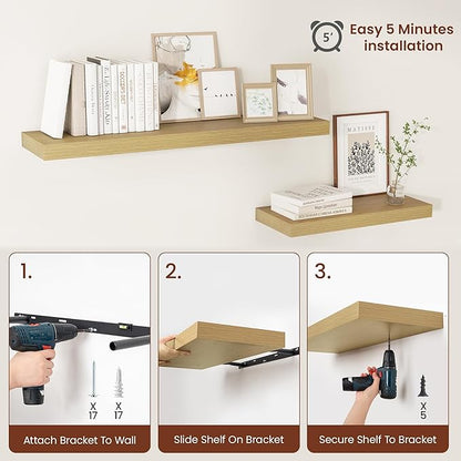 Vivelove 12 Inch Deep Floating Shelves 36 inch Long, 2 Inch Thick Wall Shelves with Invisible Brackets, Shelf for Bedroom Bathroom Living Room Kitchen Office Home Decor, Modern Shelf Set of 2, Oak