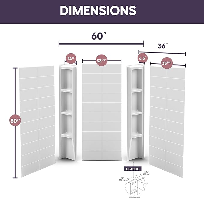 White Acrylic Shower Wall Surround 36"x 60"x 80" - Waterproof, Easy-to-Install, Two Shelf Units Kit Included - Shower Wall Surround Panels - Stacked Tiles Pattern, Classic Shelves