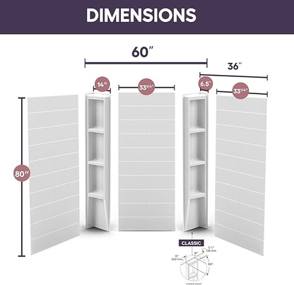 White Acrylic Shower Wall Surround 36"x 60"x 80" - Waterproof, Easy-to-Install, Two Shelf Units Kit Included - Shower Wall Surround Panels - Stacked Tiles Pattern, Classic Shelves