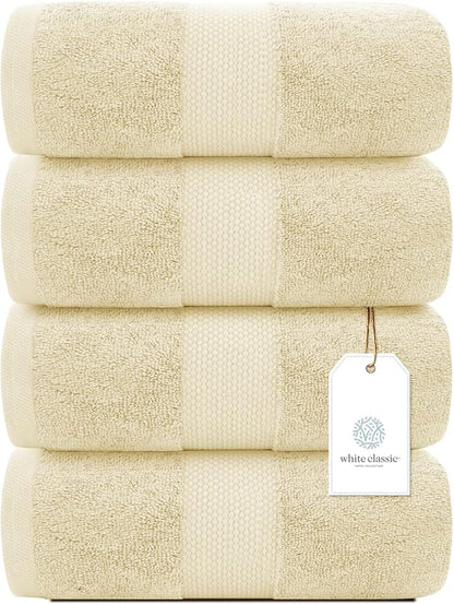 White Classic Luxury Bath Towels Set of 4 Large - 700 GSM Cotton Ultra Soft Bath Towels 27x54 | Highly Absorbent and Quick Dry | Hotel Towels for Bathroom Luxury, Plush Shower Towels, Beige
