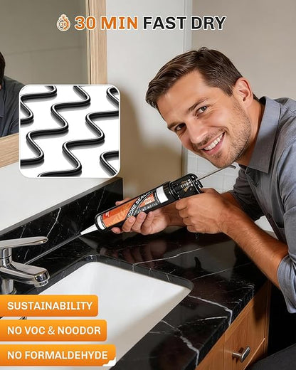 WELLUCK Black Silicone Caulk, 100% Waterproof Silicone Sealant Adhesive Caulking,for RV, Kitchen,Bathroom, Window, Door, Glass,10.2FL.OZ/300ML（4 Pack）