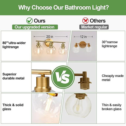3-Light Bathroom Light Fixtures, Brushed Gold Modern Vanity Lights Over Mirror with Clear Glass Globe Shade, Bathroom Wall Sconces for Mirror Kitchen Living Room Hallway Cabinet Bedroom Porch