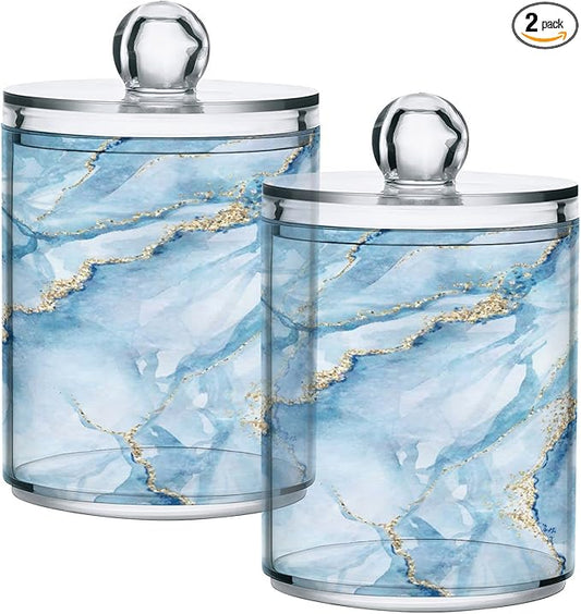 MNSRUU 2 Pack Qtip Holder Organizer Dispenser Sky Blue Marble Bathroom Storage Canister Cotton Ball Holder Bathroom Containers for Cotton Swabs/Pads/Floss