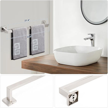 NearMoon 5 Pieces Bathroom Hardware Set 304 Stainless Steel, Square Towel Rack Kit - 24" Towel Rod + Towel Ring + Toilet Paper Holder + 2 Robe Hooks, Wall Mounted Bath Accessories (Brushed Nickel)