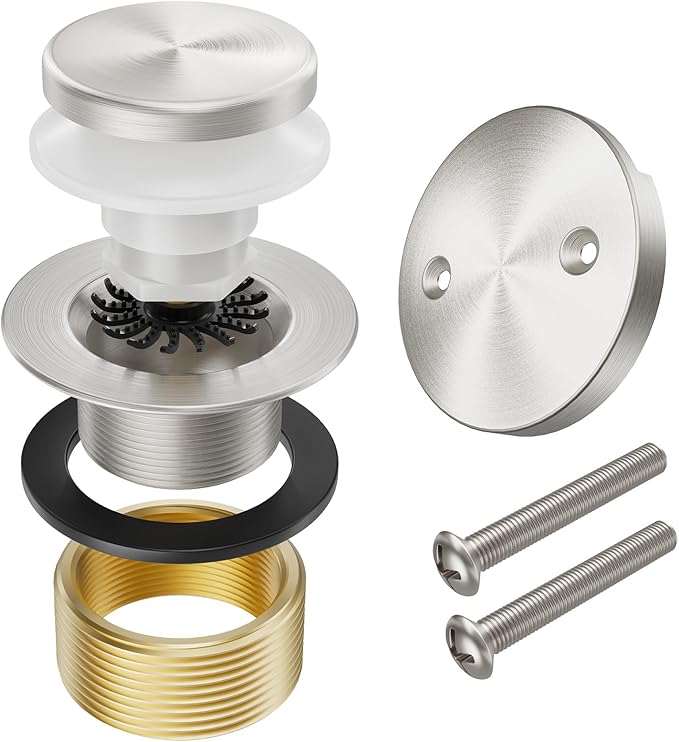 Brushed Nickel Bathtub Drain Stopper and Overflow Kit, Solid Brass Tip-Toe Bath Tub Drain with Hair Catcher - Universal Coarse/Fine Thread, Bathroom Bathtub Plug Replacement, 11.5/16 UNC