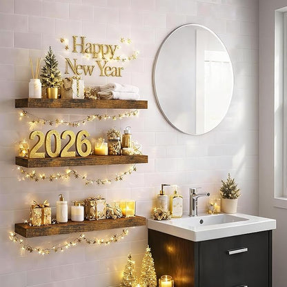 BAYKA Floating Shelves Bathroom for Wall – Shelf Over Toilet Farmhouse Rustic Wood for Bedroom, Kitchen, or Living Room Decor Organization Display Shelving – Rustic Brown, Set of 3