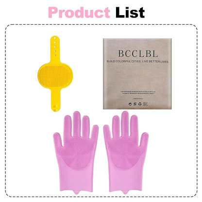 2-in-1 Pet Grooming Gloves and Brush,Dog and Cat Bath Scrubber Silicone Gloves Large