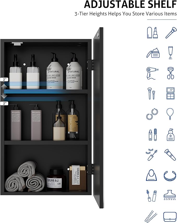eclife 24" Bathroom Medicine Cabinet W/Mirror, Single Door Bathroom Black Wall Mount Mirror Cabinet, Hanging Triple Shelf Storage Cabinet Opens Left and Right