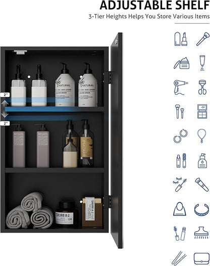 eclife 24" Bathroom Medicine Cabinet W/Mirror, Single Door Bathroom Black Wall Mount Mirror Cabinet, Hanging Triple Shelf Storage Cabinet Opens Left and Right